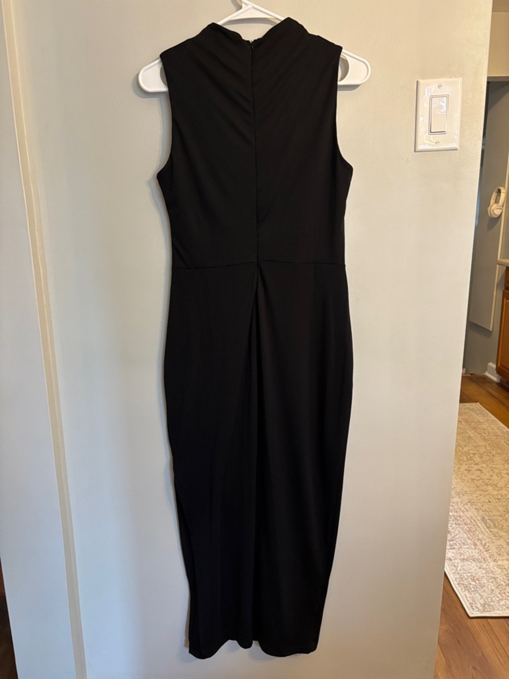 Sleeveless Mock Neck Black Midi Dress with Side Slit - Picture 5 of 12